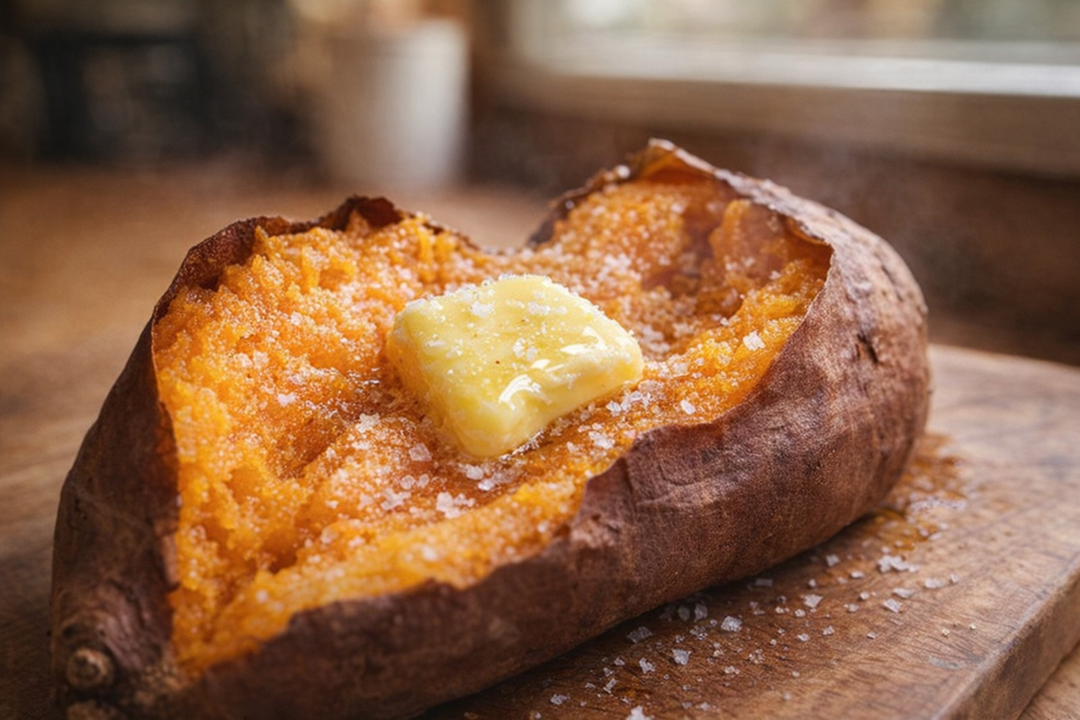 A perfectly baked sweet potato, split open with a pat of melting butter, flaky salt sprinkled on top, warm, inviting lighting